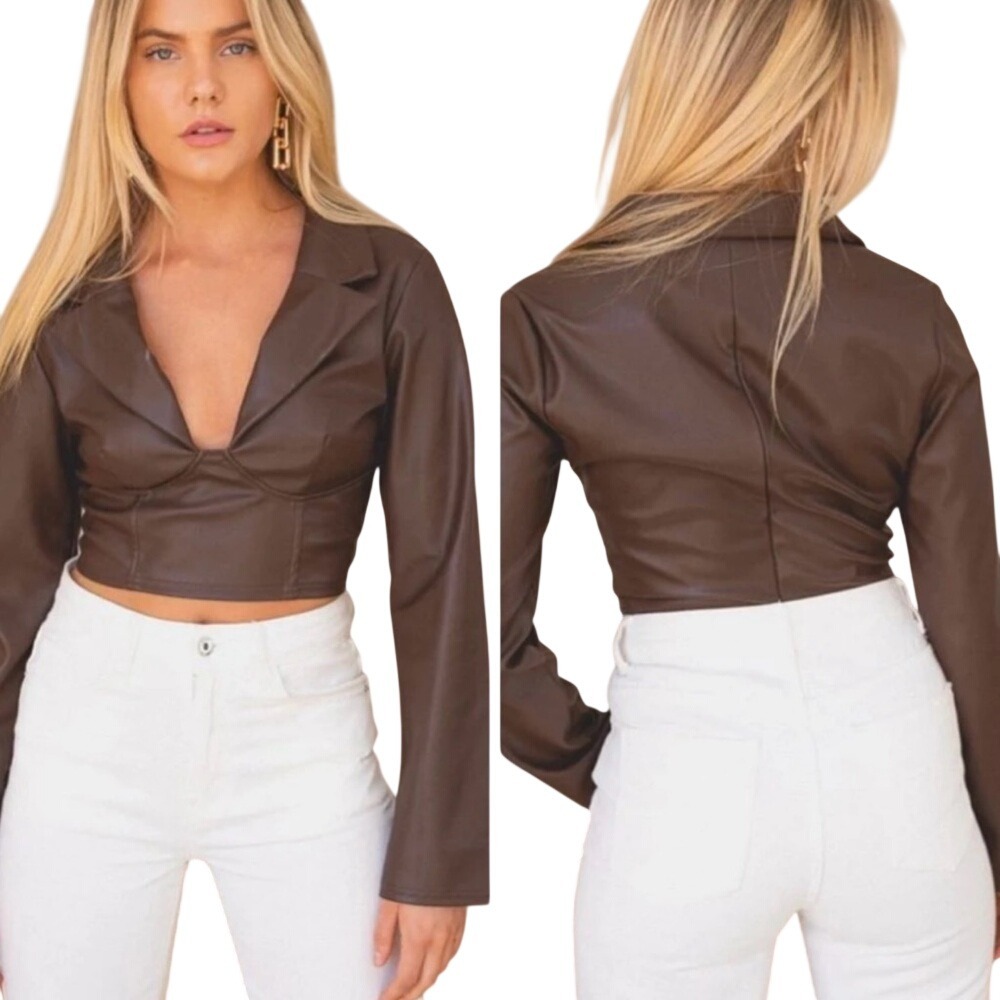 Le Lis Collection Faux Leather Collared Corset Top, Brown, Size Small‎